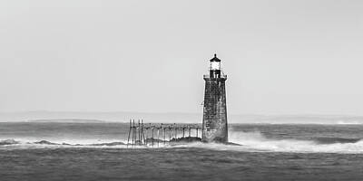 Priska Wettstein Pink Hues - Maine Ram Island Ledge Lighthouse and Windy Surf in BW Panorama  by Ranjay Mitra