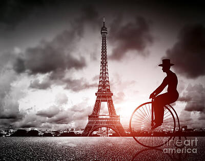 City Scenes Photos - Man on retro bicycle next to Effel Tower by Michal Bednarek
