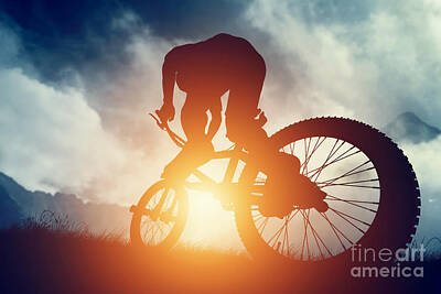 Abstract Ink Paintings In Color - Man riding a bike in high mountains at sunset by Michal Bednarek