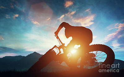 Athletes Photos - Man riding his bike in mountains during sunset. by Michal Bednarek