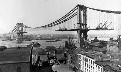 Landmarks Royalty Free Images - Manhattan Bridge Construction - Vintage New York Royalty-Free Image by War Is Hell Store
