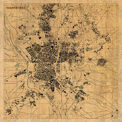 Rowing - Map of Madrid Spain Vintage Street Map Schematic Circa 1943 on Old Worn Parchment  by Design Turnpike