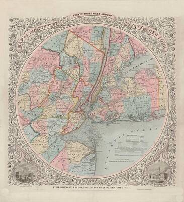 Cities Drawings - Map - Usa - Vintage - Old Map - Art Wall - State - Thirty Three Miles Around - New York by ArtBeOk Com