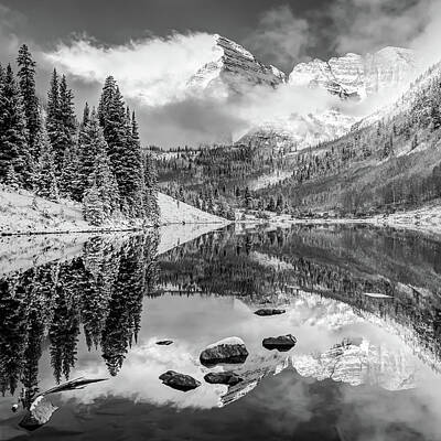 Enso Paintings - Maroon Bells Autumn Mountain Reflective Landscape - Black and White 1x1 Square Format by Gregory Ballos