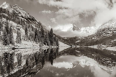 Mountain Royalty-Free and Rights-Managed Images - Maroon Bells Peaks and Mountain Landscape Reflections - Sepia by Gregory Ballos