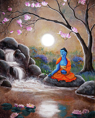 Lilies Paintings - Medicine Buddha by a Waterfall by Laura Iverson