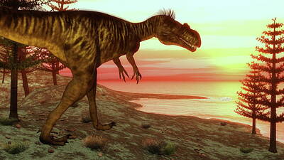 Landscapes Digital Art - Megalosaurus dinosaur walking toward the ocean - 3D render by Elenarts - Elena Duvernay Digital Art