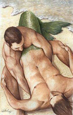 Fantasy Paintings - Merman Rescue by Bruce Lennon