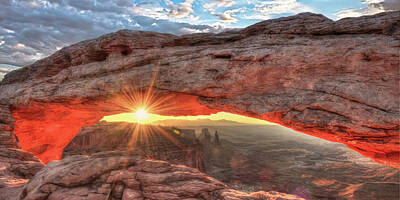 Landscapes Royalty-Free and Rights-Managed Images - Mesa Arch Morning Sunrise Panorama Landscape by Gregory Ballos