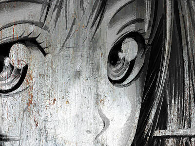 Comics Mixed Media - Metallic Anime Girl Eyes 2 Black And White by Tony Rubino