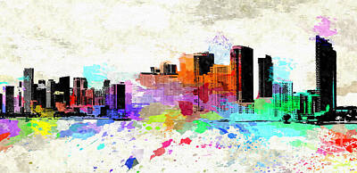 Abstract Skyline Mixed Media - Miami Colored Grunge Skyline by Daniel Janda
