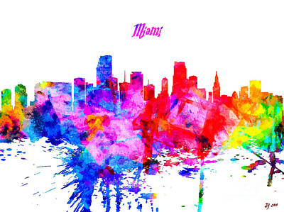 Abstract Skyline Mixed Media - Miami Colorful Skyline by Daniel Janda
