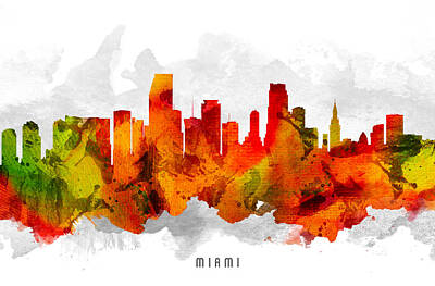 Skylines Paintings - Miami Florida Cityscape 15 by Aged Pixel