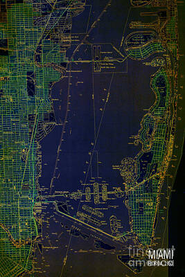 Cities Drawings - Miami Map 1950 Blue and Green by Drawspots Illustrations