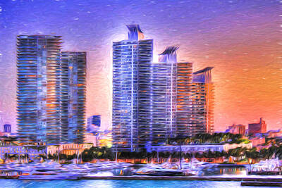 Black And White Flower Photography - Miami Skyline Sunrise by Shelley Neff