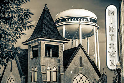 Classic Typewriters - Midtown Neon on the Bentonville Arkansas Square - Sepia by Gregory Ballos