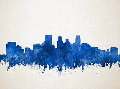 Abstract Skyline Paintings - Minneapolis Skyline Watercolor Blue by Bekim M