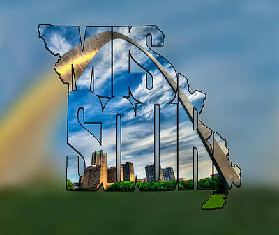 City Scenes Digital Art - Missouri Typography Blur Artwork - The Saint Louis Arch And City Skyline by Gregory Ballos