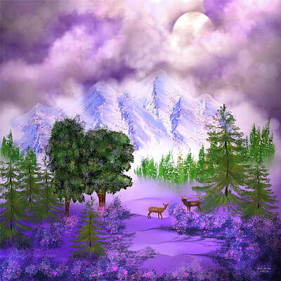Abstract Landscape Digital Art Rights Managed Images - Misty Mountain Deer Royalty-Free Image by Artful Oasis