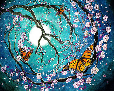Laura Iverson Royalty-Free and Rights-Managed Images - Monarch Butterflies in Teal Moonlight by Laura Iverson