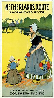 Royalty-Free and Rights-Managed Images - Mother and Child holding flowers in the Netherlands Countryside - Sacramento River - Vintage Poster by Studio Grafiikka