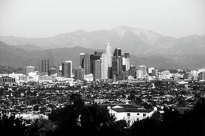 Skylines Royalty Free Images - Mountain Landscape and the Los Angeles Skyline - Black and White Royalty-Free Image by Gregory Ballos
