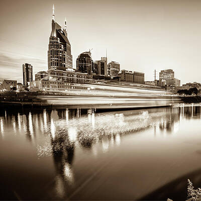 Skylines Royalty-Free and Rights-Managed Images - Music City Motion - Nashville Skyline Square Format Sepia by Gregory Ballos