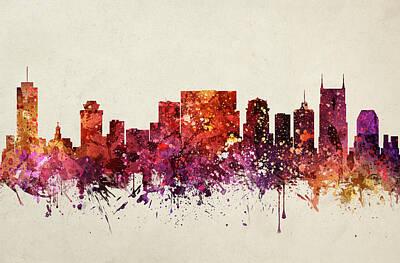 Skylines Paintings - Nashville Cityscape 09 by Aged Pixel