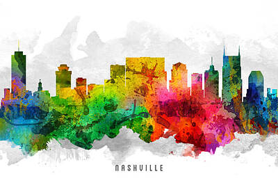 Skylines Paintings - Nashville Tennessee Cityscape 12 by Aged Pixel