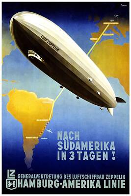 Royalty-Free and Rights-Managed Images - Airship to South America - Hamburg - America Line - Retro travel Poster - Vintage Poster by Studio Grafiikka