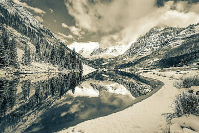 Mountain Royalty-Free and Rights-Managed Images - Natures Divine Canvas - Maroon Bells Aspen Colorado - Sepia Edition by Gregory Ballos