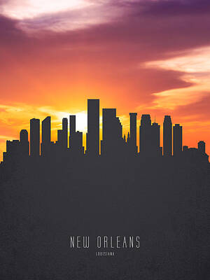 Skylines Paintings - New Orleans Louisiana Sunset Skyline 01 by Aged Pixel