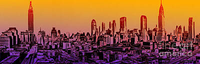 Skylines Royalty-Free and Rights-Managed Images - New York City Skyline Sunset Painting by Edward Fielding