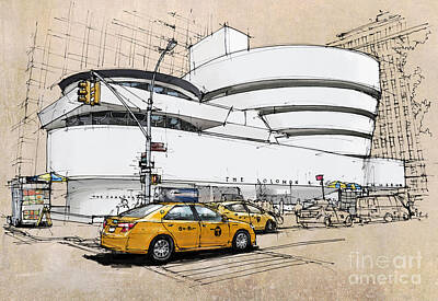 Cities Royalty-Free and Rights-Managed Images - New York Guggenheim, umbrellas and yellow cabs by Drawspots Illustrations