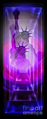 City Scenes Paintings - New York NYC - Statue of Liberty Purple Rainbow by Walter Zettl