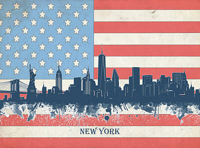 New York Skyline Royalty-Free and Rights-Managed Images - New York Skyline Usa Flag 4 by Bekim M