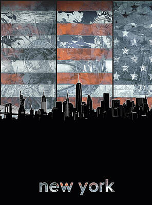 Cities Digital Art - New York Skyline Usa Flag 5 by Bekim M