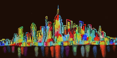 Skylines Paintings - New York City Skyline Cityscape night view by Leon Zernitsky