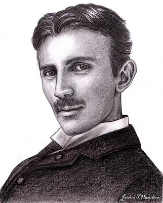 Best Sellers - Portraits Drawings - Nikola Tesla Pencil Portrait by Jessica T Hamilton