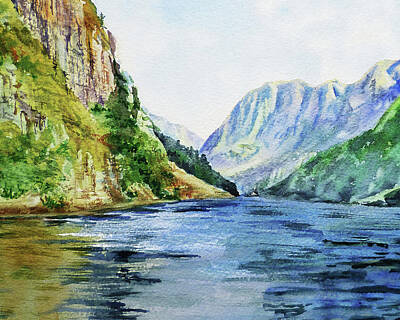 Mountain Paintings - Northern Mountain Lake Watercolor by Irina Sztukowski