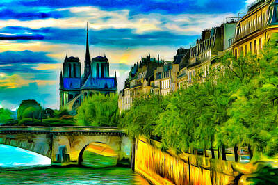 Paris Skyline Digital Art Rights Managed Images - Notre-Dame and the Seine Royalty-Free Image by Jean-Marc Lacombe