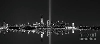 Skylines Royalty-Free and Rights-Managed Images - NYC Skyline Tribute in Light Pano BW by Michael Ver Sprill