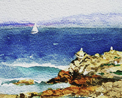 Impressionism Royalty-Free and Rights-Managed Images - Ocean Shore Watercolor Impressionism  by Irina Sztukowski