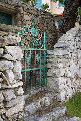 Abstract Cement Walls - Old green iron gate, stone walls garden entrance by Stefan Rotter