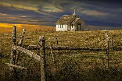 Randall Nyhof Royalty-Free and Rights-Managed Images - Old Rural Country Church at Sunset by Randall Nyhof