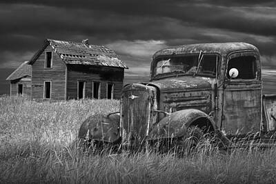 Randall Nyhof Royalty-Free and Rights-Managed Images - Old Vintage Pickup in Black and White by an Abandoned Farm House by Randall Nyhof