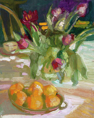 Still Life Paintings - Oranges and tulips by Sally Rosenbaum