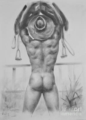 Painted Wine - Original Drawing Sketch Charcoal Male Nude Gay Man Portrait Of Cowboy Art Pencil On Paper-0045 by Hongtao Huang