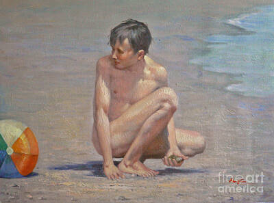 Minimalist Childrens Stories - Original oil painting art male nude gay boy on linen#16-2-5-09 by Hongtao Huang