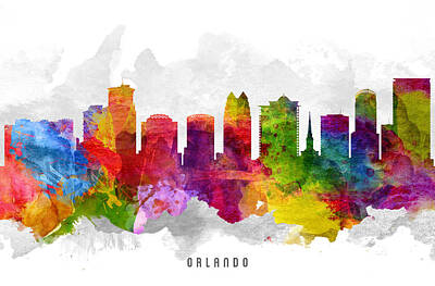 Skylines Paintings - Orlando Florida Cityscape 13 by Aged Pixel